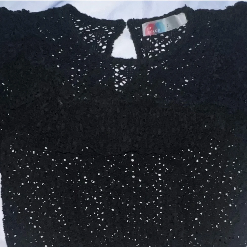 Free People FP Beach Feel The Love Black Crochet Long Sleeve Ruffle Top Small